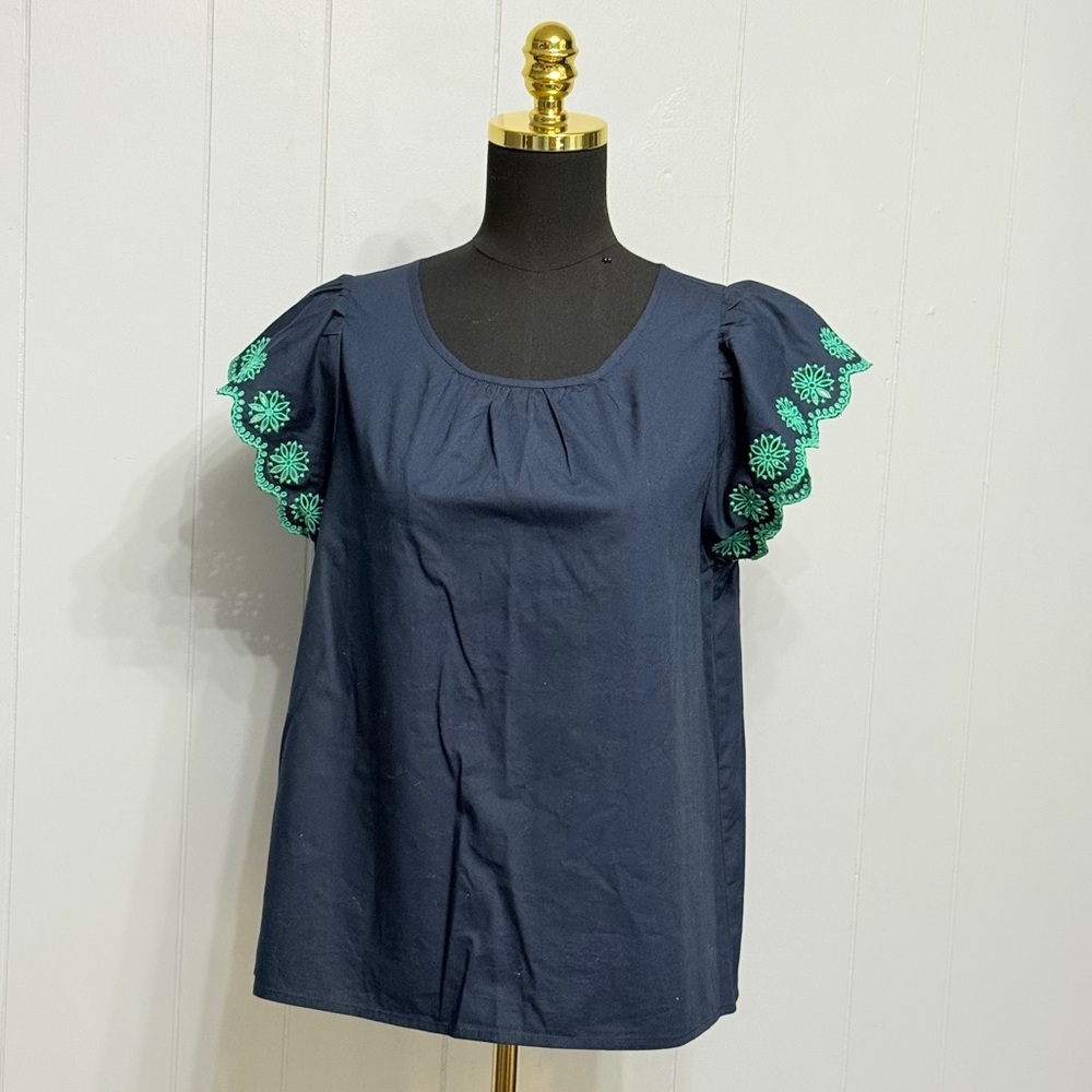 J. Crew Navy Blouse with Green Sleeve Detail (98% Cotton 2% Elastin)
